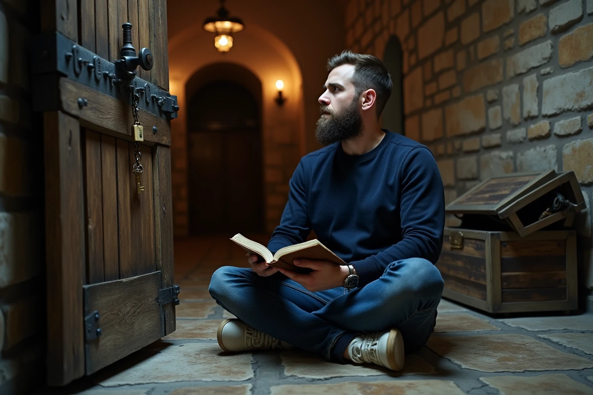 Homme tenant un journal et une clé face à une porte verrouillée dans une escape room inspirée de Rooms and Exits