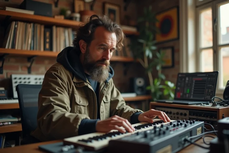 Homme barbu en studio jouant avec une machine à rythmes vintage