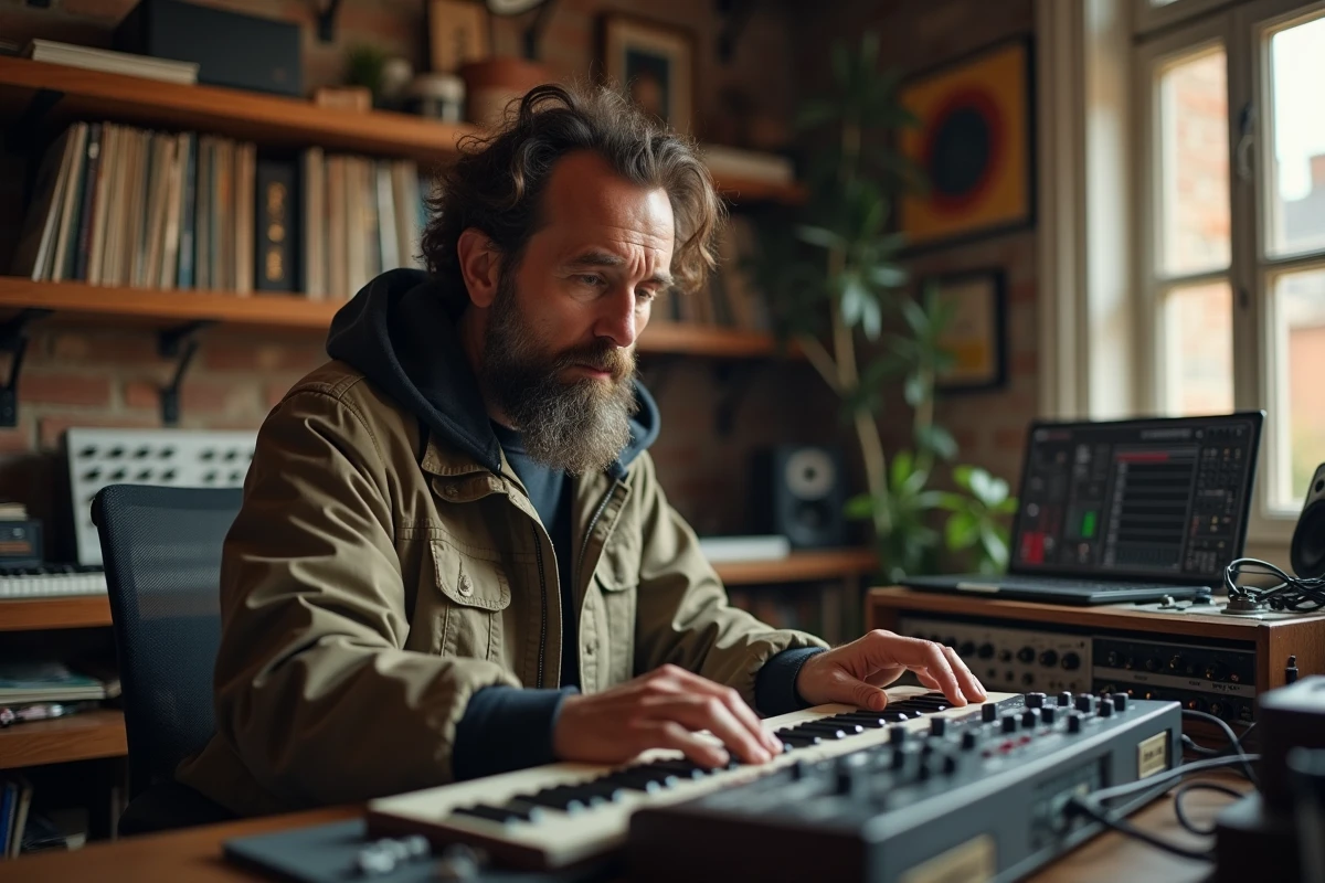 Homme barbu en studio jouant avec une machine à rythmes vintage