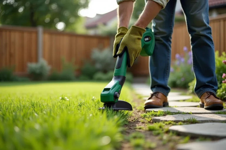 Homme utilisant un taille-bordure électrique sans fil pour délimiter une bordure de pelouse impeccable dans un jardin suburban