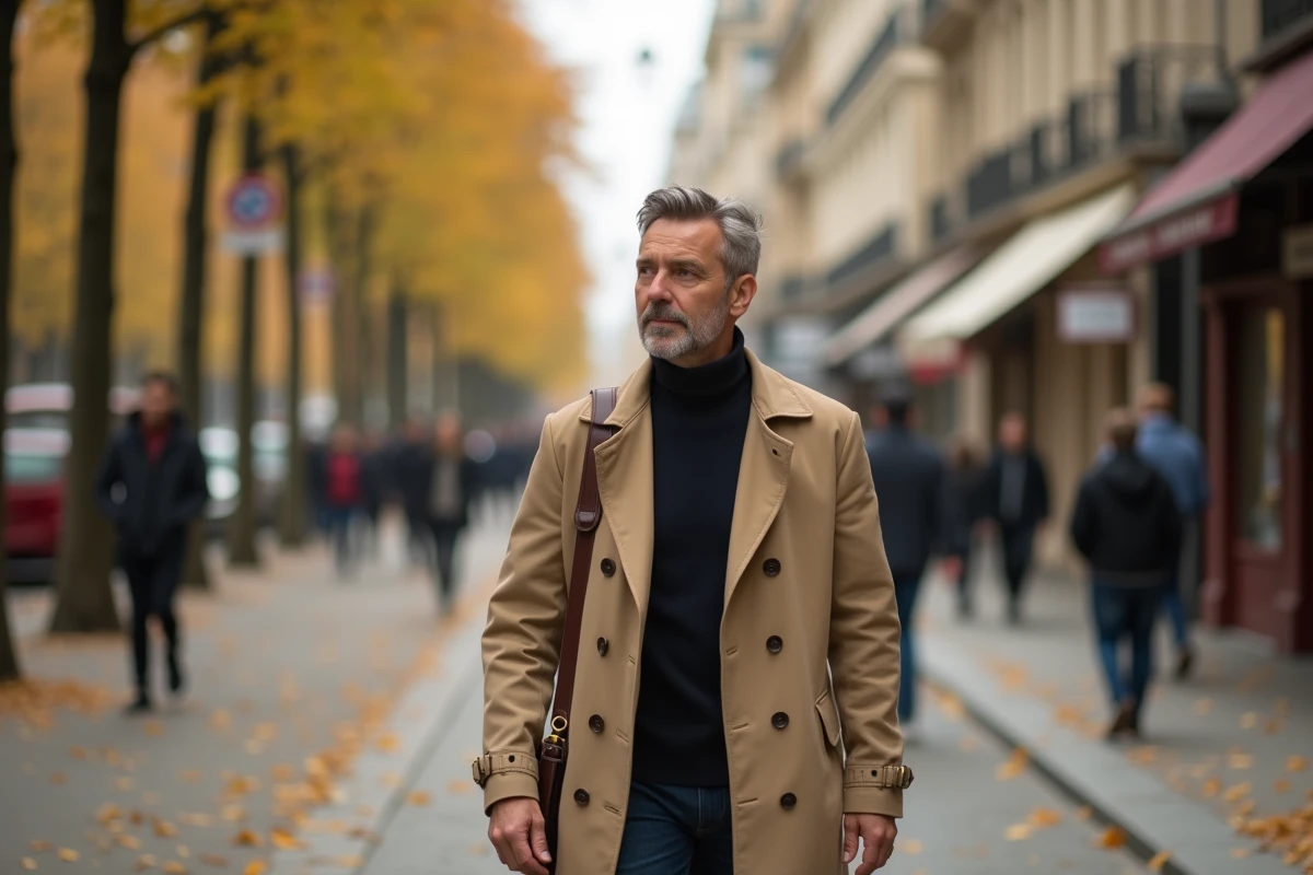Pierre-Henri Le-Defond marchant sur un boulevard parisien en automne avec un trench coat beige, ambiance reportage urbain