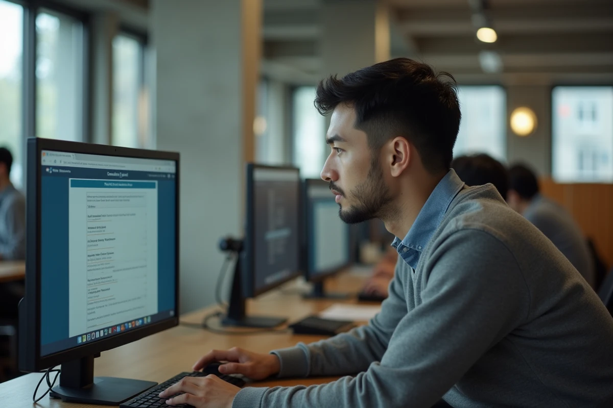 Homme en pull gris consultant une interface d'inscription à un concours administratif sur un ordinateur de bureau dans un espace de travail partagé