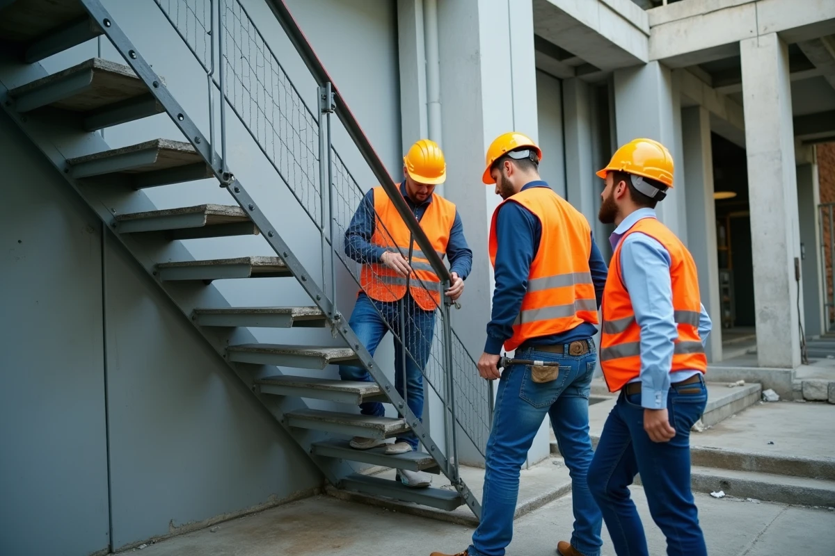 Trois ouvriers inspectant un escalier en construction
