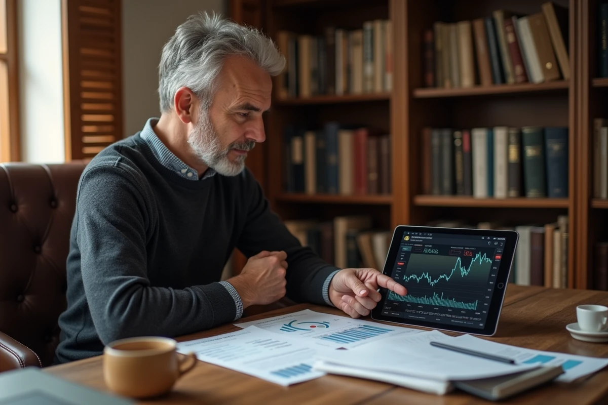 Investisseur expérimenté analysant un portefeuille boursier dans un bureau à domicile chaleureux