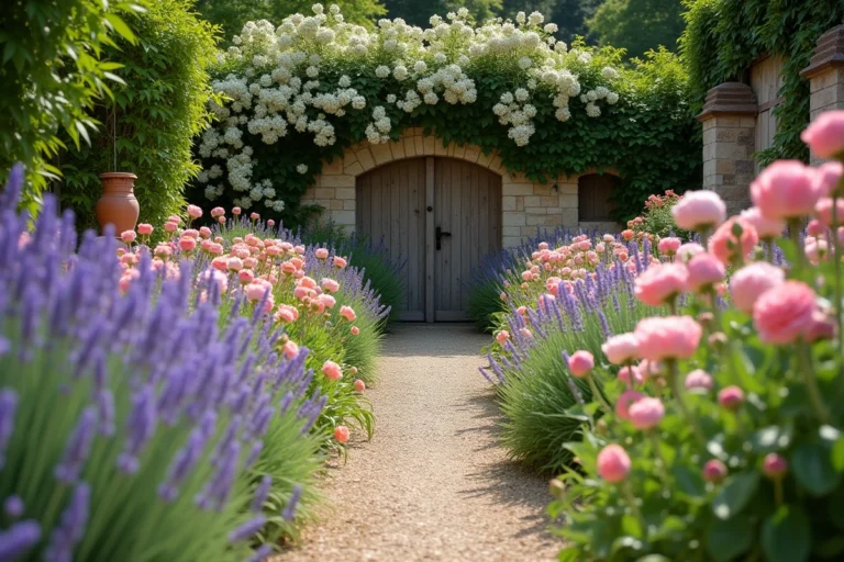 Jardin fleuri en pleine saison avec lavande, pivoines et roses grimpantes le long d'un mur de pierre