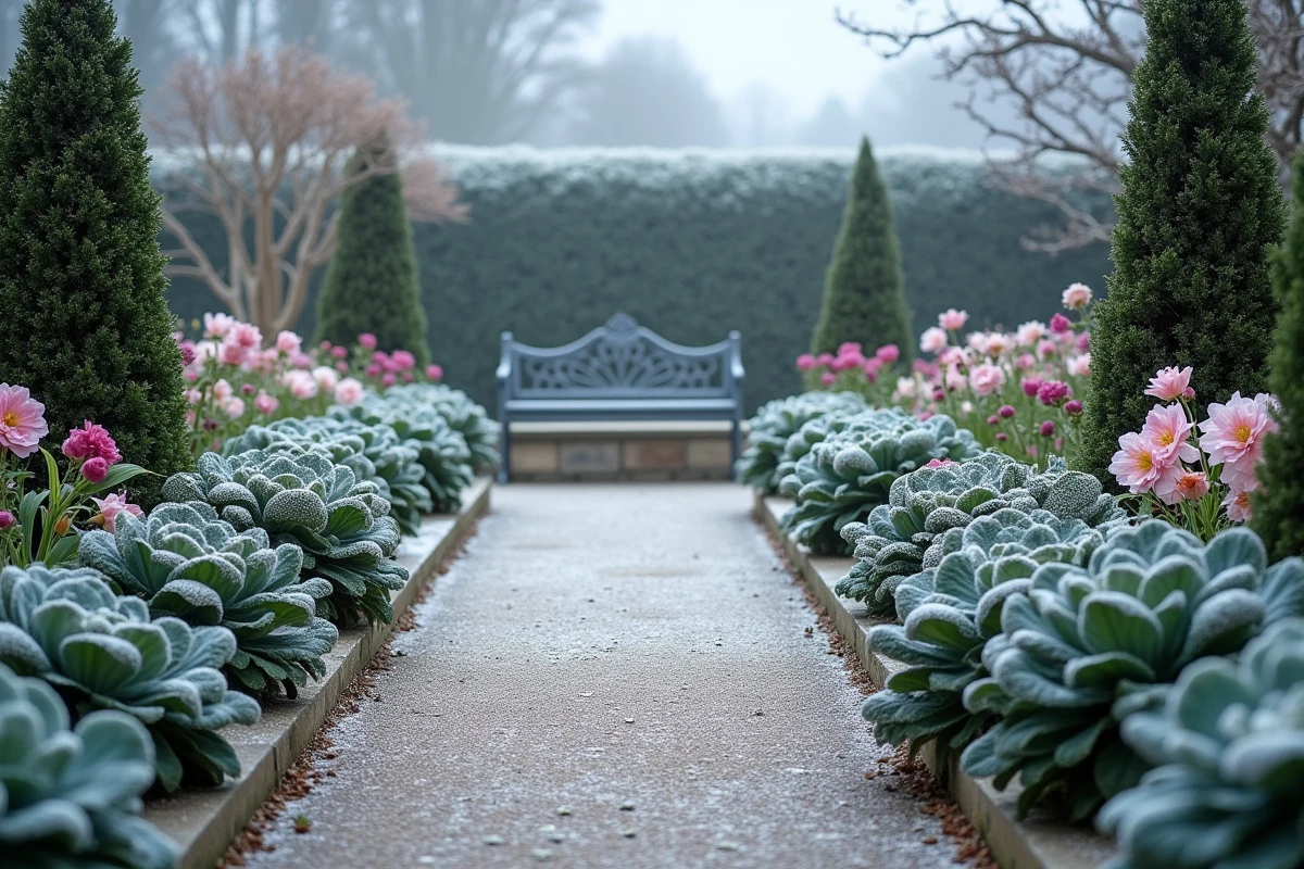 Jardin formel en hiver avec hellébores givrées, choux d'ornement et topiaires de buis sous le gel