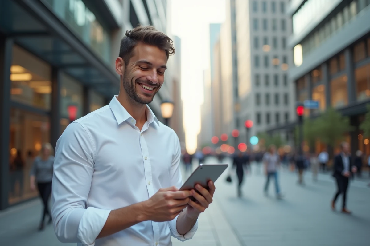 Jeune entrepreneur avec tablette en ville dynamique