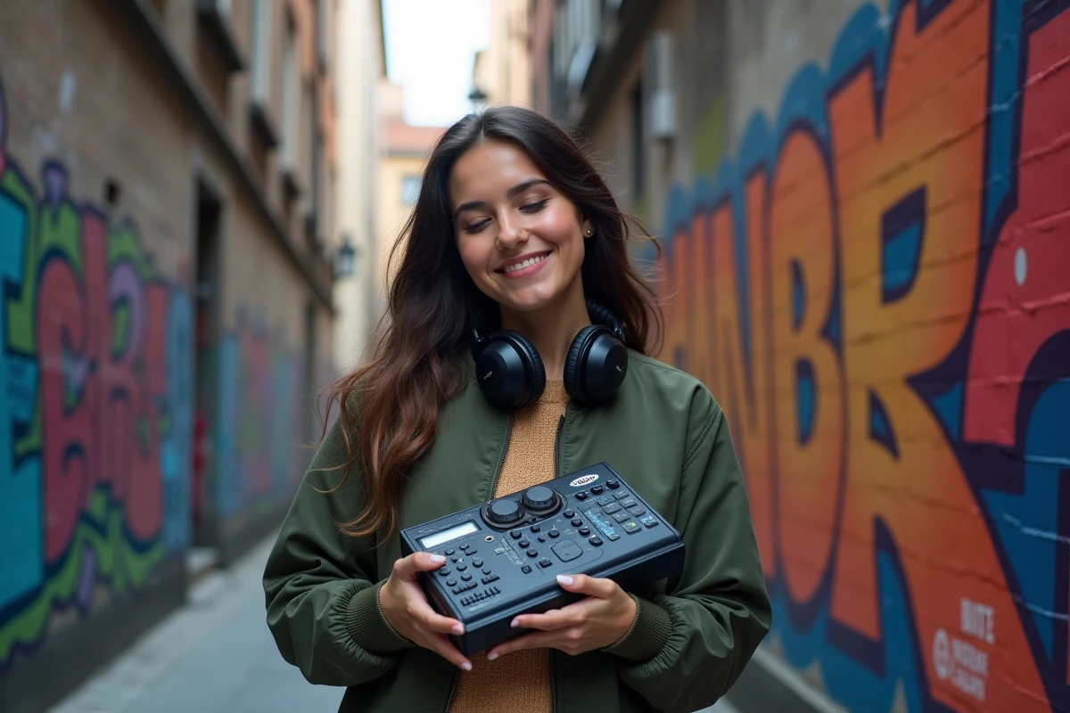 Jeune femme avec machine à rythmes dans une rue graffiti