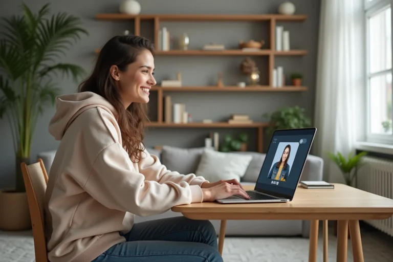 Jeune femme souriante utilisant un ordinateur en livestream