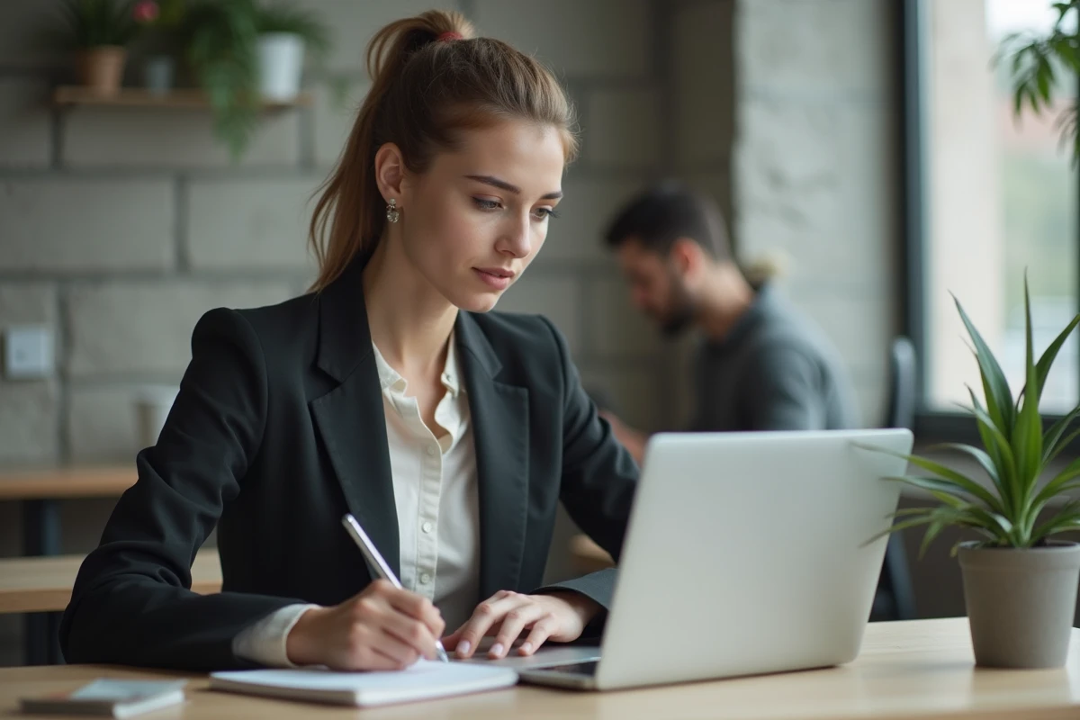 Jeune femme concentrée travaillant dans un espace coworking