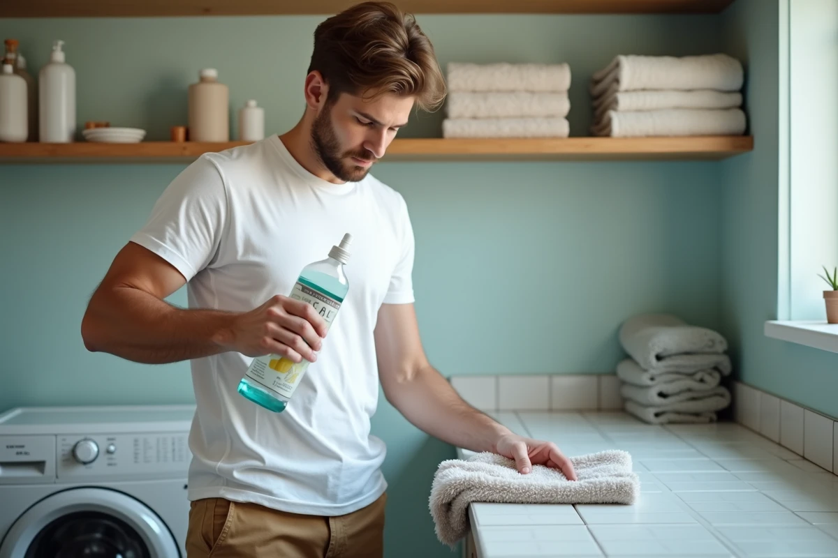 Jeune homme versant alcool ménager sur un chiffon