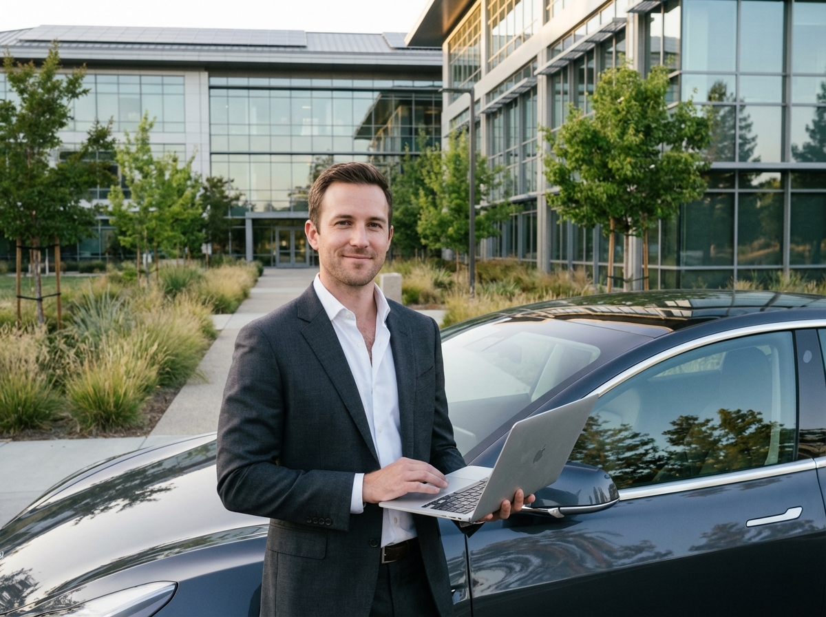 Jeune homme professionnel avec voiture électrique en extérieur