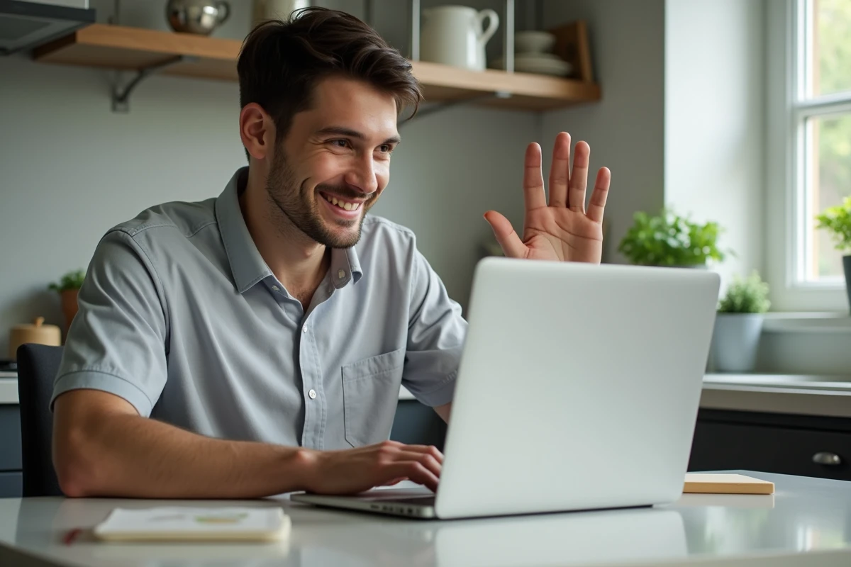 Jeune tuteur en ligne dans une cuisine moderne