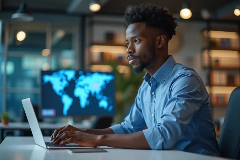 Jeune journaliste africain concentré au bureau