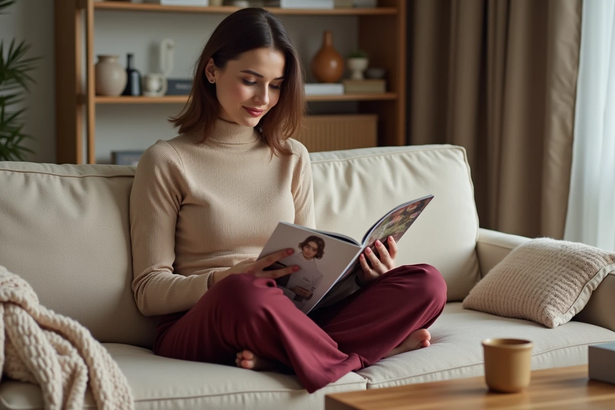 Maman décontractée et stylée feuilletant un magazine de mode dans un salon chaleureux et cosy