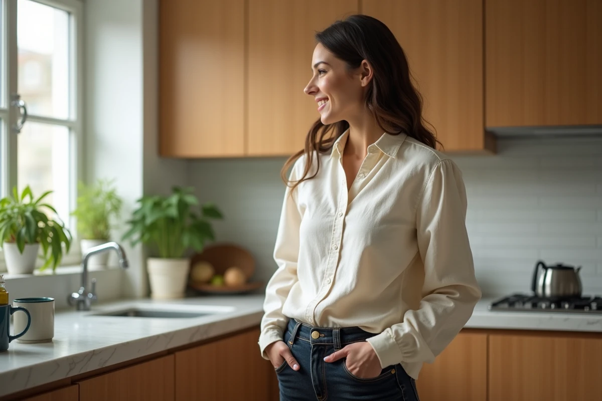 Maman élégante en tenue casual chic regardant son reflet dans une cuisine moderne lumineuse