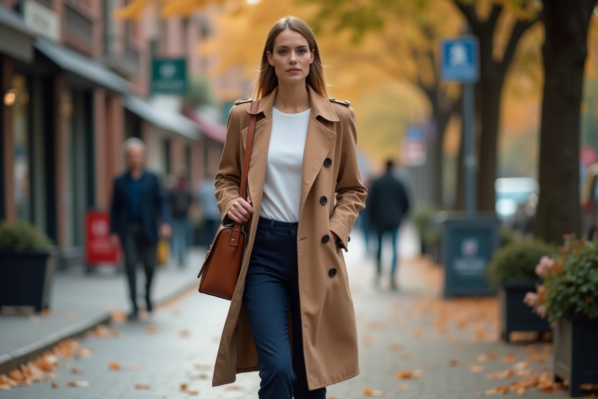 Maman stylée en manteau camel marchant dans une rue urbaine en automne avec un sac en cuir structuré