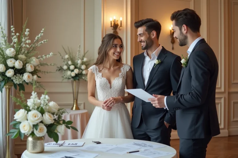 Mariée et groom souriants avec planificateur de mariage