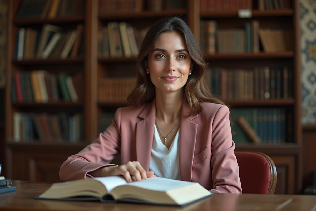 Portrait de femme d'origine arabe dans une bibliothèque traditionnelle, évoquant le destin et le parcours de Marwa Cheikh