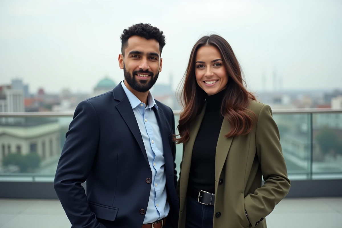Deux professionnels d'origine nord-africaine et arabe sur un rooftop urbain européen, symbolisant les destins croisés de Moustafa El Oudi et Marwa Cheikh