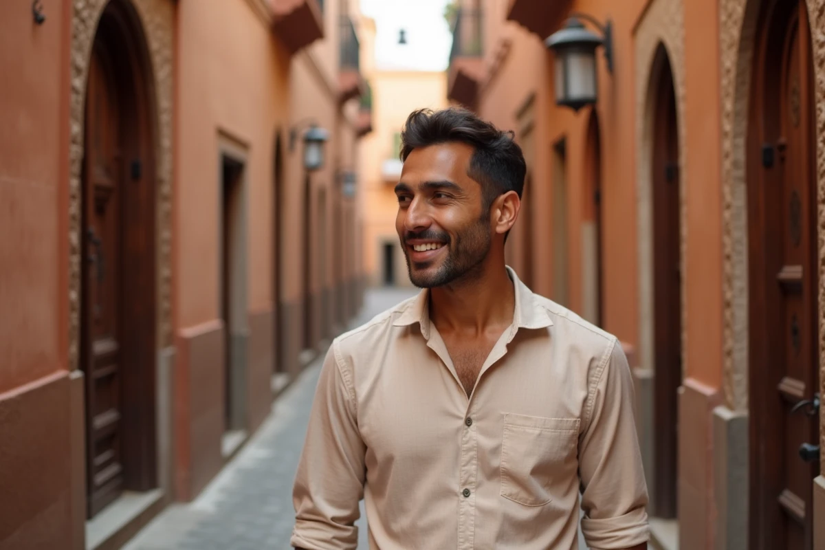 Portrait d'un homme d'origine nord-africaine dans une ruelle de médina marocaine, illustrant le parcours et les origines de Moustafa El Oudi
