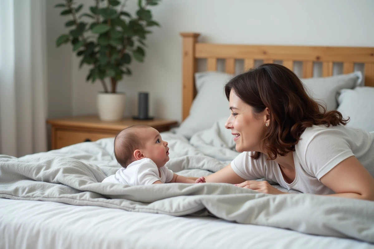 Maman allongée sur un lit blanc faisant face à son nouveau-né de 6 semaines qui tourne la tête vers elle dans une chambre minimaliste