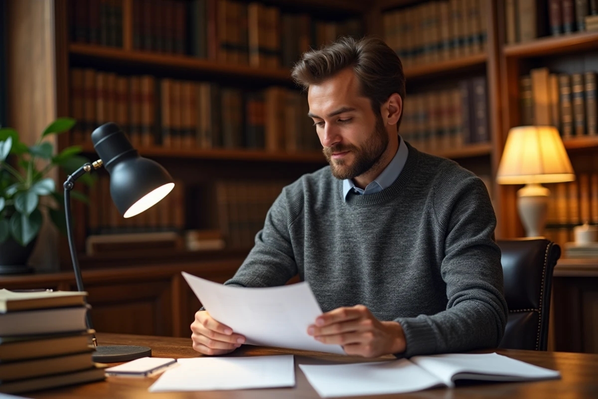 Pierre-Henri Le-Defond assis à son bureau dans un bureau garni de livres, examinant des documents avec concentration