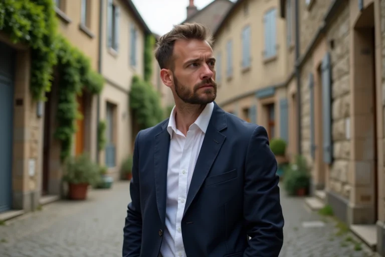 Portrait de Pierre-Henri Le-Defond devant une place historique française en veste marine, regard déterminé et assuré