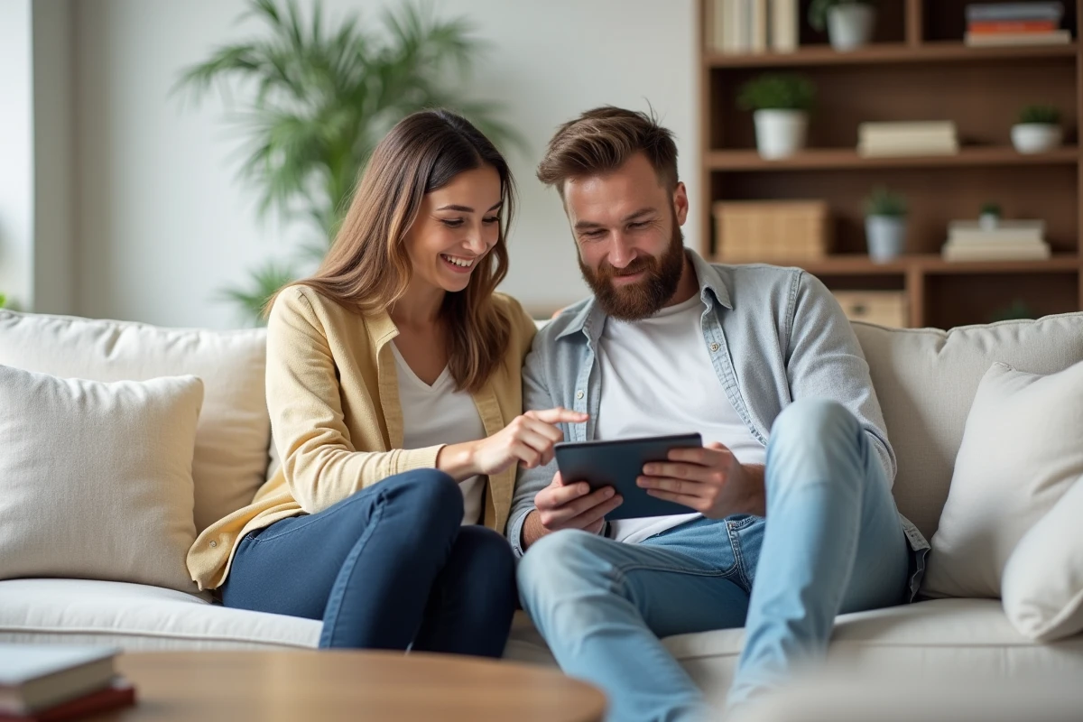 Couple de parents recherchant ensemble des ressources essentielles pour la garde de leurs enfants sur une tablette