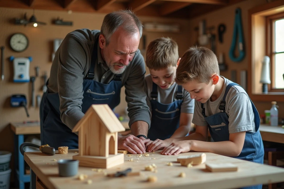 Père et ses deux fils construisant ensemble une cabane à oiseaux en bois dans un atelier de garage