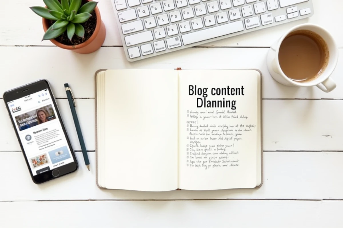 Vue aérienne d'un bureau organisé pour planifier un blog professionnel avec carnet, smartphone et clavier