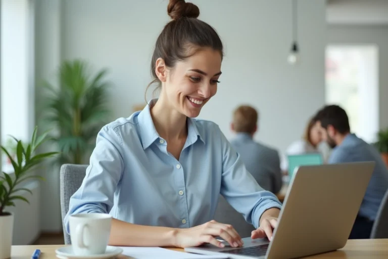 Femme professionnelle envoyant un email de contact depuis son bureau moderne dans un open-space