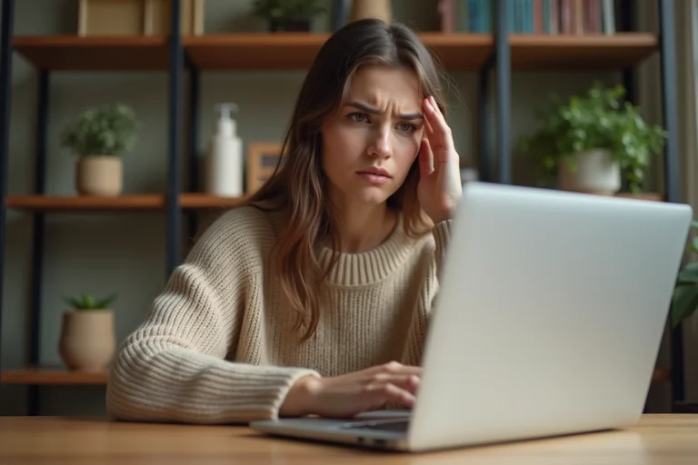 Jeune femme frustrée essayant de se connecter à son compte sur un ordinateur portable à son bureau à domicile