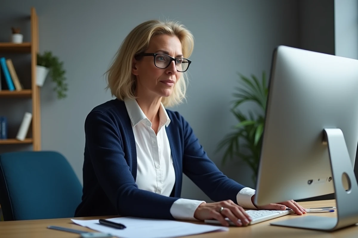 Professionnelle de la garde d'enfants consultant une plateforme en ligne depuis son bureau pour accéder à des ressources essentielles