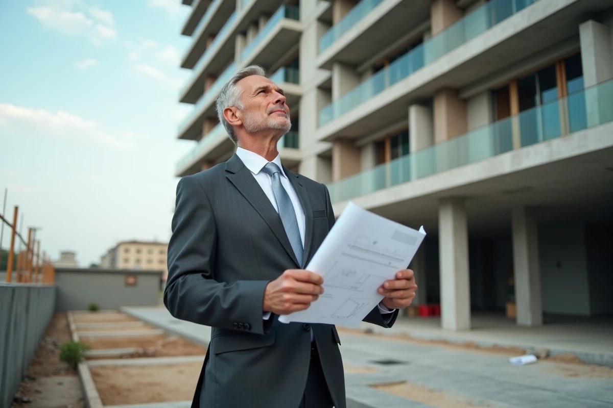 Promoteur immobilier devant un immeuble résidentiel neuf avec des plans architecturaux - nouveautés Immo Galaxy