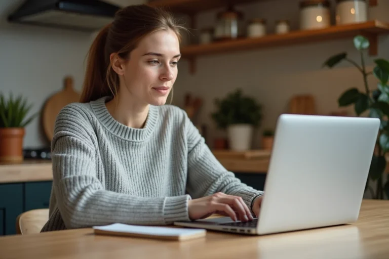Femme consultant des ressources en ligne pour la garde d'enfants sur un ordinateur portable dans une cuisine moderne