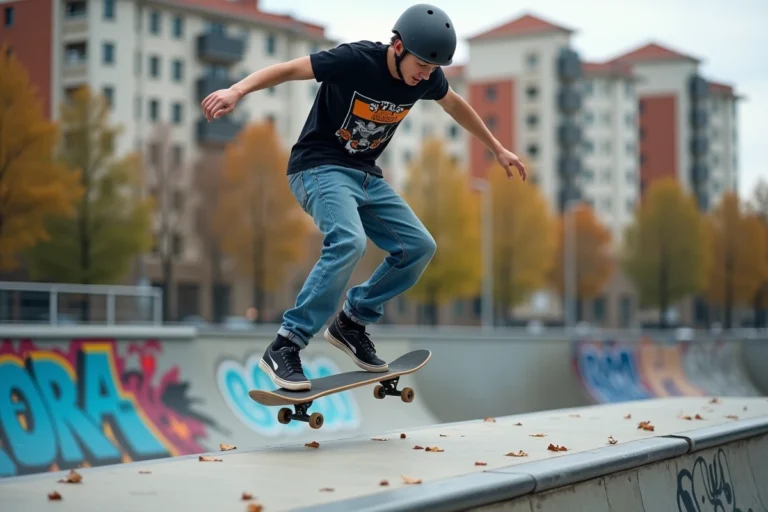 Jeune skateur en plein saut dans un skatepark urbain