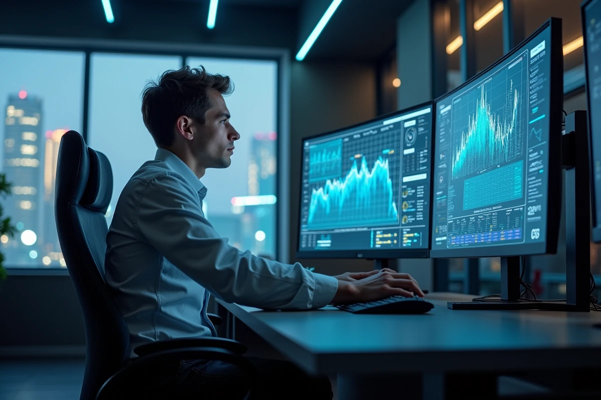 Jeune spécialiste informatique travaillant sur un grand écran