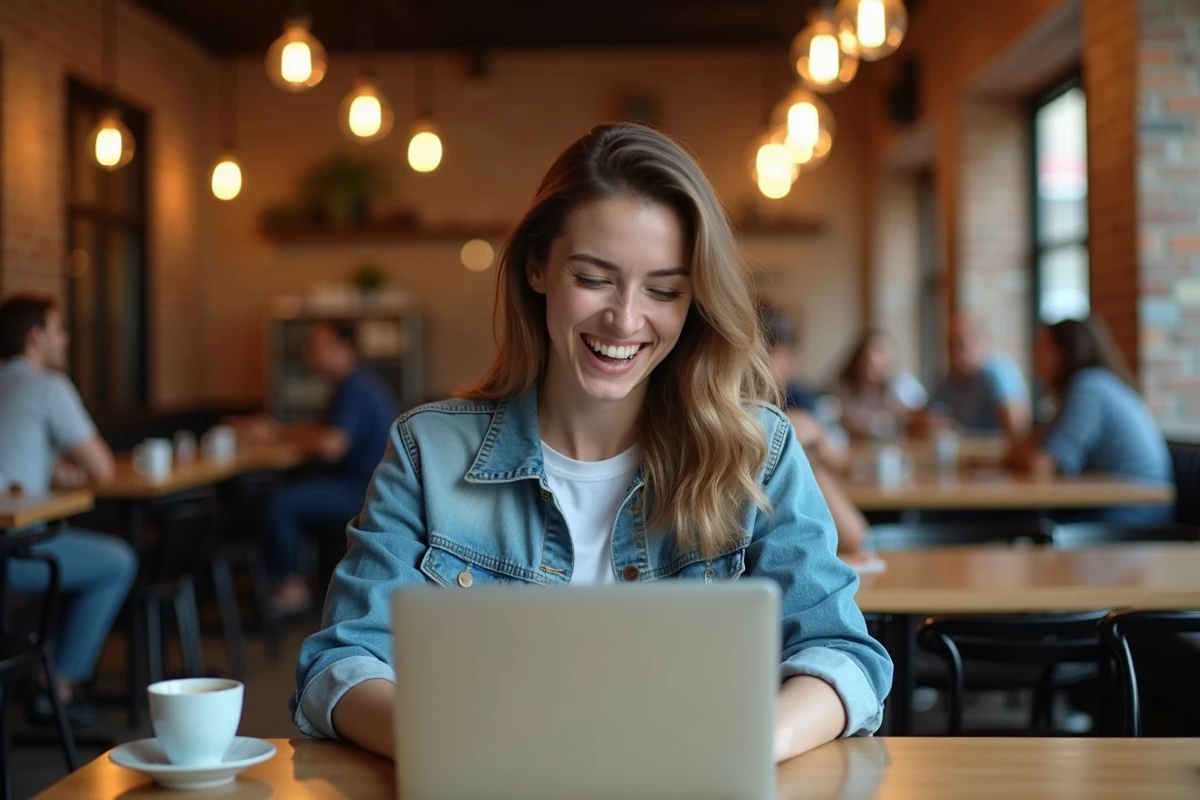 Jeune femme streameuse souriant devant son ordinateur portable dans un café urbain avec briques apparentes et ambiance chaleureuse