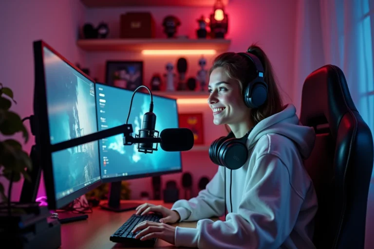 Jeune femme streameuse Twitch assise devant son setup gaming avec microphone et écrans en arrière-plan dans un bureau cosy