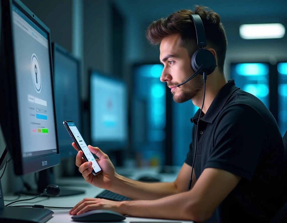 IT-technicus die gebruikmaakt van twee-factor-authenticatie op smartphone en computer op kantoor