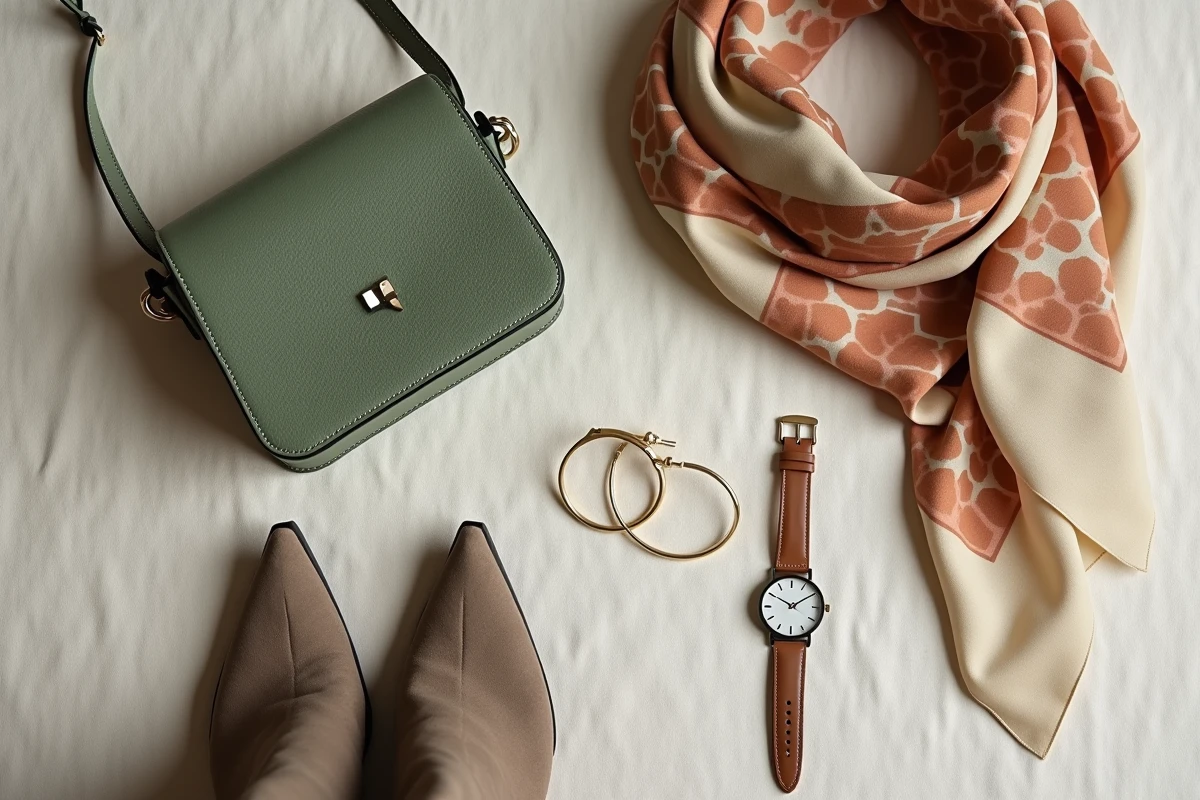 Plat lay d'accessoires de mode tendance incluant sac bandoulière vert sauge, foulard en soie, boucles d'oreilles dorées et montre minimaliste sur lin blanc cassé