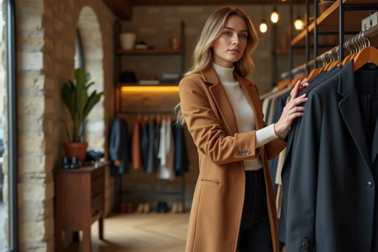 Femme élégante en manteau camel feuilletant des vêtements dans une boutique de mode parisienne