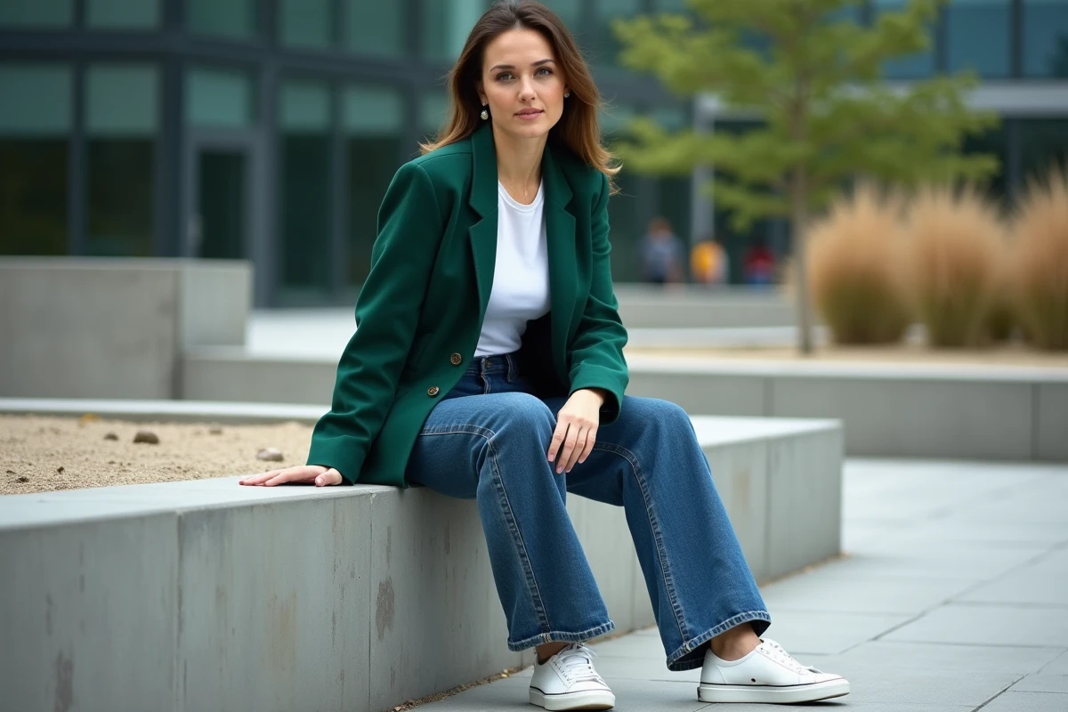Femme en blazer vert oversize et jean large assise dans un parc urbain moderne