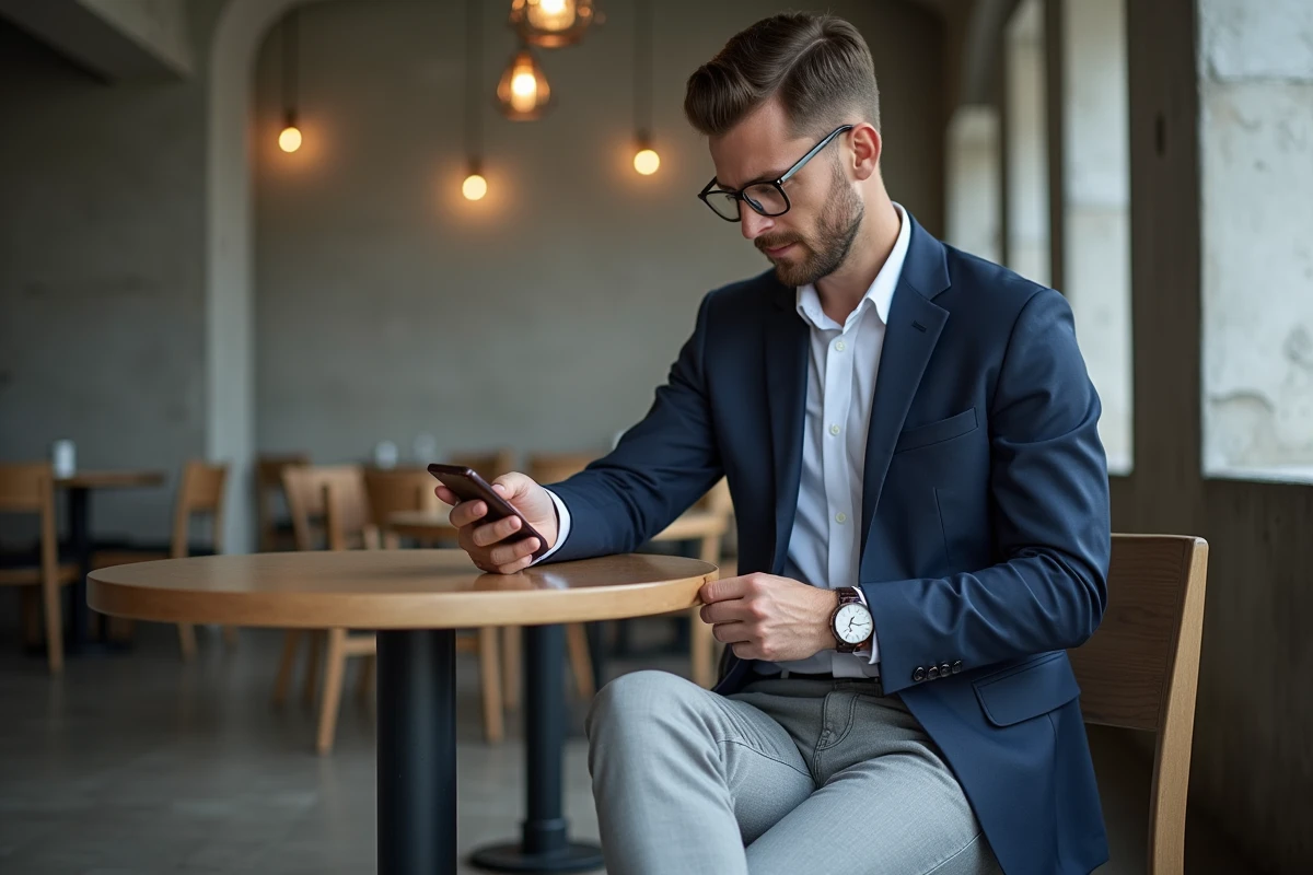 Homme stylé en blazer marine et montre en acier assis dans un café minimaliste moderne