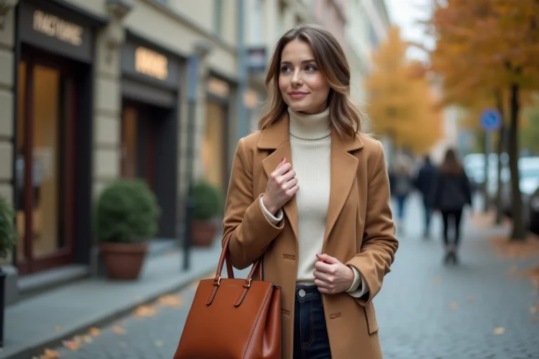 Femme élégante portant un manteau camel et un sac en cuir cognac dans une rue pavée européenne en automne